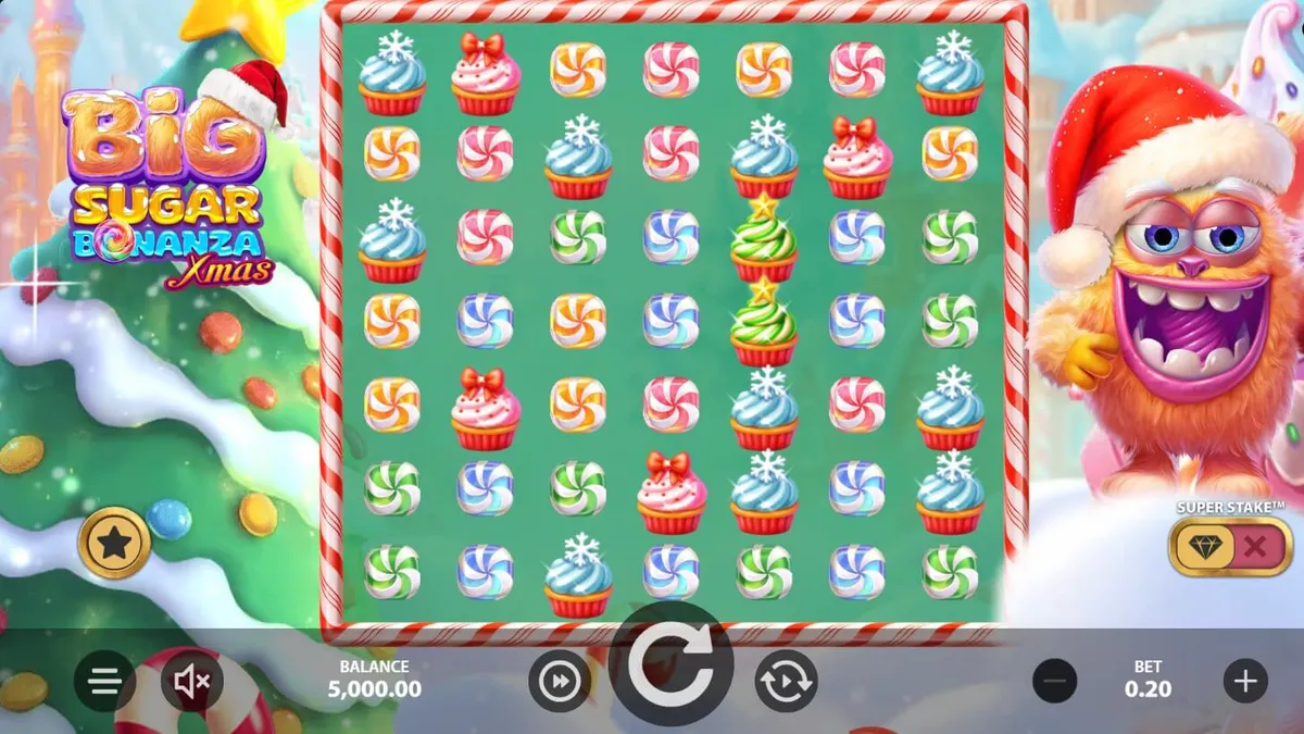 Big Sugar Bonanza Xmas slot game interface featuring fluffy monsters and candy symbols