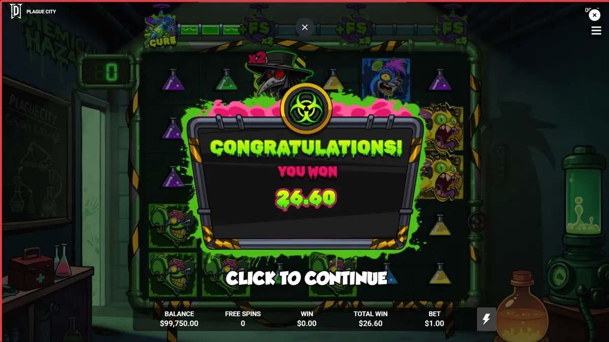 Tampilan layar permainan slot Plague City dengan tema apokaliptik dan laboratorium.
