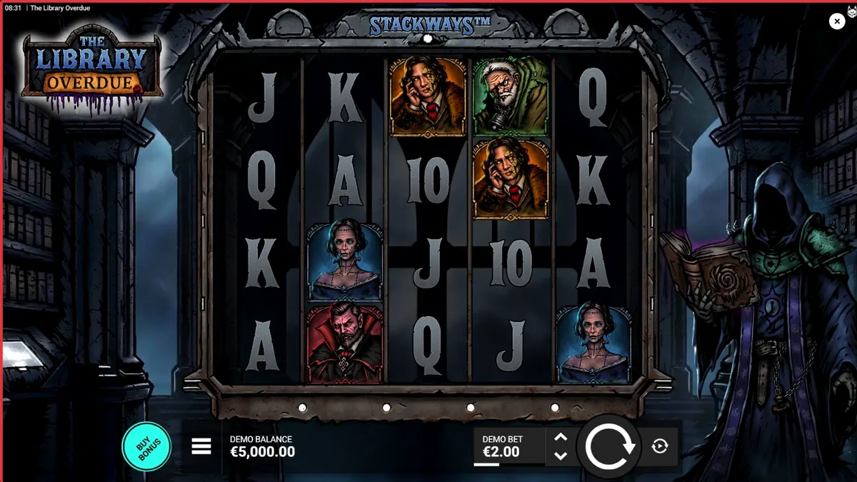 Tampilan antarmuka slot seluler The Library Overdue yang menampilkan desain gotik dan kontrol intuitif.